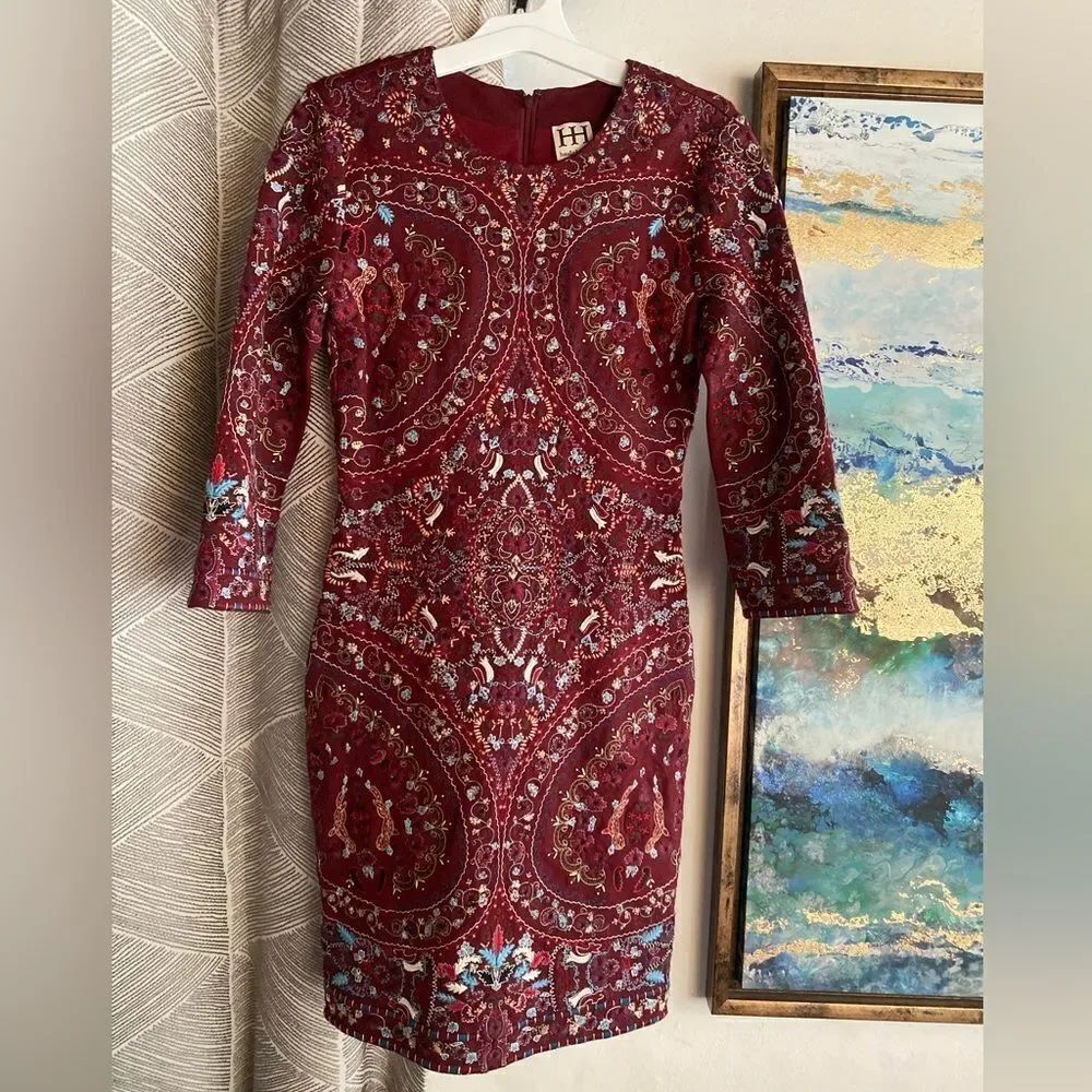 HAUTE HIPPIE Dress Womens Size 0 Wine Embroidered Peacocks Flowers Lined